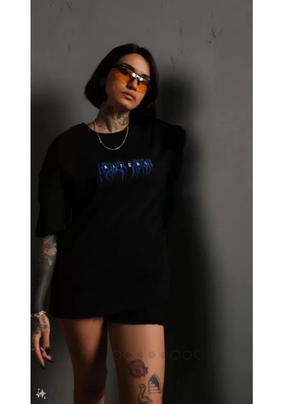 Modi Unisex Bisiklet Yaka Baskılı Oversize T-shirt - Siyah