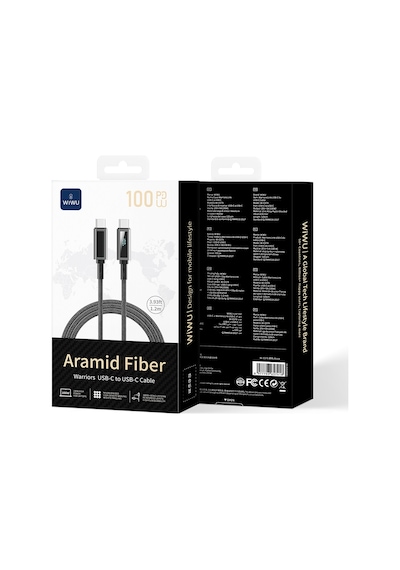 Wiwu Wi-c079 Warriors Serisi Aramid Fiber Type-c To Type-c Pd Data Ve Şarj Kablosu 100w 1.2m Siyah Siyah