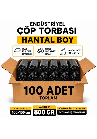 Endüstriyel Çöp Torbası Hantal Boy 100x150 Cm 800 Gr 10 Rulo 100 Adet
