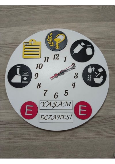Eczacı İçin Özel Tasarım Kişiye Özel İsim Yazılı Duvar Saati Renkli