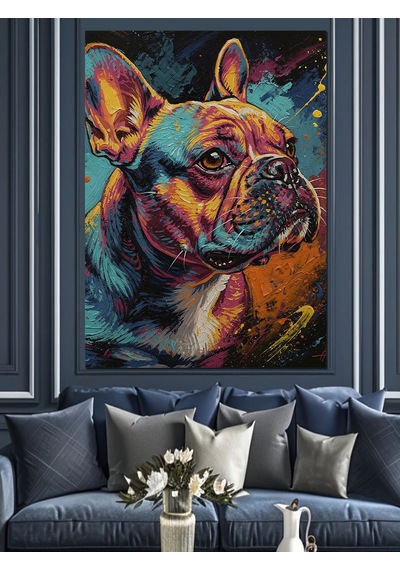 Ahşap Tablo Renkli Fransız Bulldog Portresi