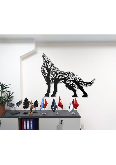 Ağaç Desenli Bozkurt Silüeti Tasarımlı Hayvan Figürlü Metal Dekoratif Modern Duvar Tablosu
