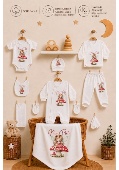 Pia Baby Kişiye Özel İsimli Kız Bebek Hastane Çıkış Seti 10 Parça %100 Pamuk 1096100x Ekru