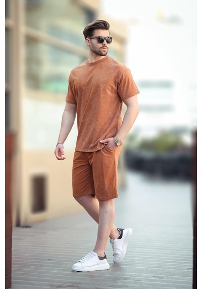 Madmext Kahverengi Basic Erkek Şort T-shirt Takımı E7309