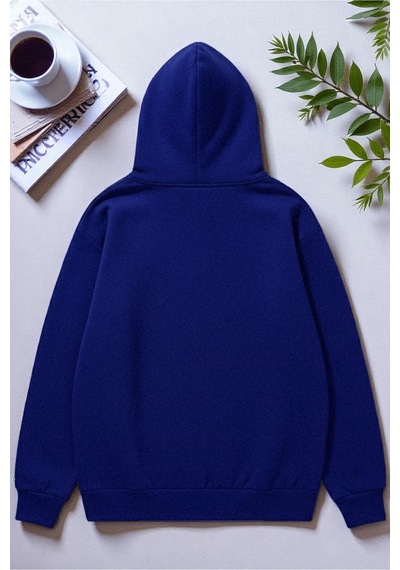 Uyguntarz Unisex Uyuyan Kedi Baskılı Kapüşonlu Sweatshirt Saks Mavi