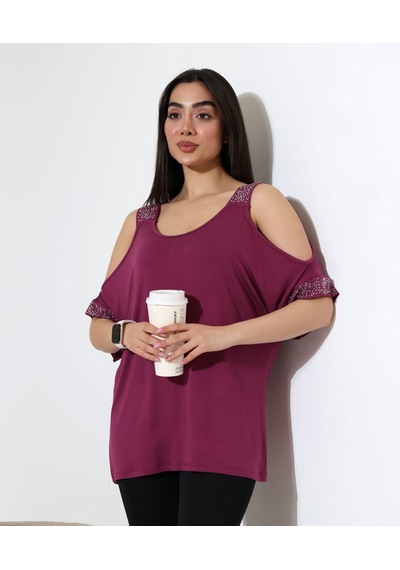 Elaxi Kadın Omuz Dekolteli Taş Detaylı Oversize Viskon Bluz Mürdüm