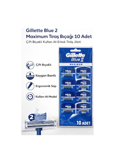 Gillette Blue 2 Maximum Tıraş Bıçağı 10 Adet Çift Bıçaklı Kullan At Erkek Tıraş Jileti