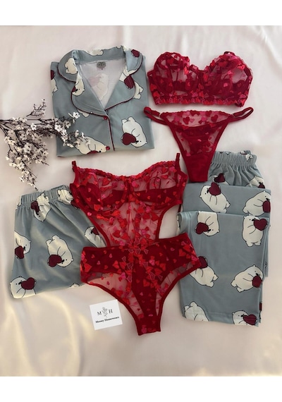 Mh Moony Homewears Kutulu 6'lı To The Moon Penye Pijama Takımı Iç Giyim Tulum Çeyiz Seti Gri