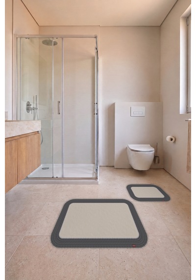 Banyo Paspası Takımı 70x110+50x70 Cm Düz Ekru & Antrasit
