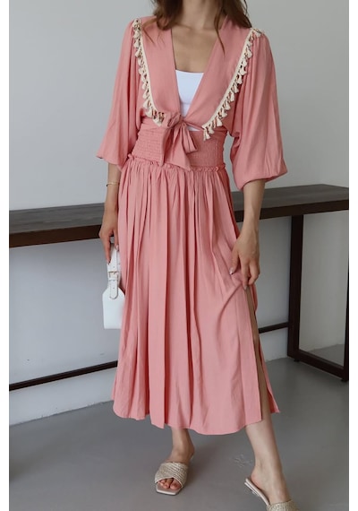 Neşeli Butik Kadın Püskül Detaylı Yırtmaçlı Bohem Takım Nbnp015 Pembe