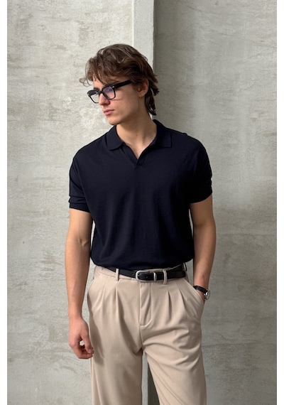 Erkek Oversize Pamuklu Polo Yaka Triko T-shirt Lacivert
