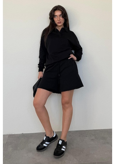 Madmext Siyah Polo Yaka Kadın Şort Sweatshirt Takım Mg2375