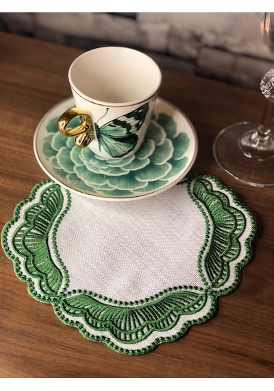 Majestik Yeşil Dalgalı Nakış Peçete 2'li Set 15x15cm Premium Kokteyl Sunum Peçetesi Çok Renkli