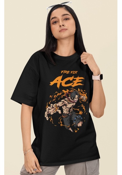 Fire Fist Ace Portgas D. Ace Baskılı Unisex Oversize One Piece An Siyah