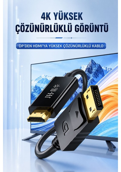 Displayport - Hdmı 4k Ultra Hd Kablo, Dp - Hdmı Dönüştürücü, 3840x2160 Görüntü Aktarımı, Monitör Tv Projeksiyon Uyumlu, Altın Kaplama, Kilitli Bağlantı Z623e