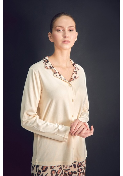 Fullamoda Leopar Desenli Gömlek Yaka 2 Li Pijama Takımı 24mıcg631216532-bej Bej