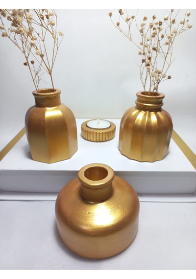 Modern Minimal Vazo Set 3'lü, Ev & Ofis Hediyelik, Dekoratif Obje, Gold