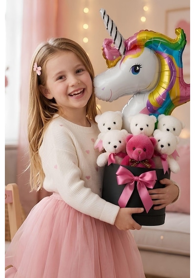 Unicorn Balonlu 6 Peluş Ayıcıklı Premium Hediye Kutusu Kız Çocukları İçin Eğlenceli Doğum Günü Hediyesi