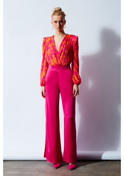 Sateen Yırtmaç Detaylı Saten Pantolon - Fuşya