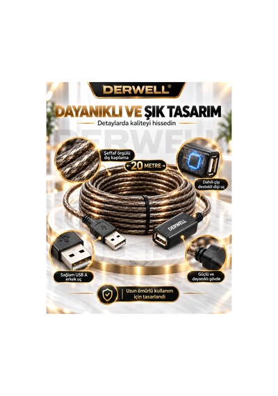 Yeni 2026 20 Metre Usb 2.0 Aktif Uzatma Kablosu Dahili Güçlendirilmiş Sinyal Çipli Kopma Donma Yapmaz Tak Çalıştır Erkek Dişi Yüksek Hızlı Kararlı Veri Aktarım Kablosu Gold Seri Premium