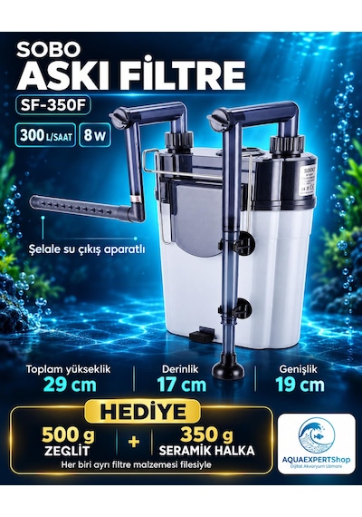 Sobo Akvaryum Askı Filtre - 300 Lt/saat - Seramik Halka + Zeolit Hediyeli - Şelale Filtreli - Aktif Temizlik - Temizlenebilir Sünger