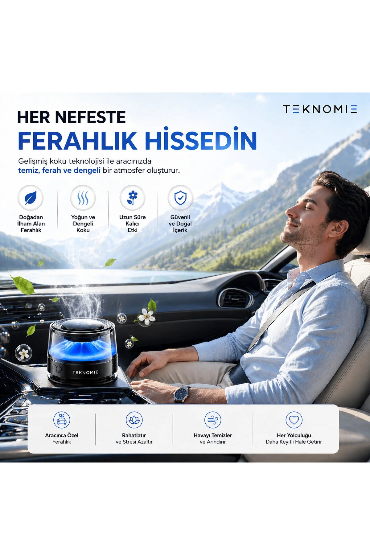 Teknomie Araç İçi Akıllı Koku Difüzörü Usb Type-c Şarjlı, 30+ Saat Kullanım, Otomatik Sensörlü, Premium Oto Parfüm Woody Fragrance