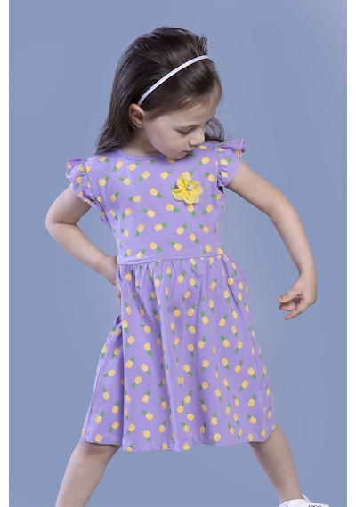 Toontoy Kids Toontoy Kız Çocuk Komple Ananas Baskılı Çiçek Aksesuarlı Elbise Lila