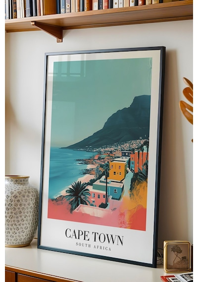 Cape Town South Africa Vintage Seyahat Posteri Çerçeveli Tablo - Premium Masa Dağı Duvar Dekoru Siyah