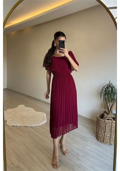 Neşeli Butik Kadın Omzu Açık Piliseli Midi Şifon Elbise Nm006 Bordo