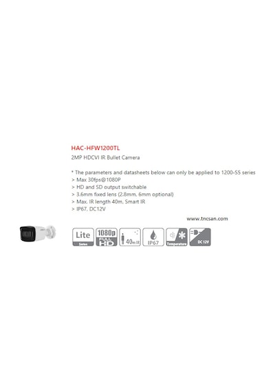Dahua Hac-Hfw1200Tl-0360B 2Mp 3.6Mm 40 Mtgece Görüş Hd-Cvı Kamera