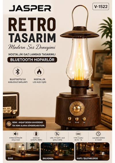 Jasper Jpr-1522 Retro Bluetooth Hoparlör Nostaljik Gaz Lambası Tasarımlı Led Alev Işığı 57mm 5w