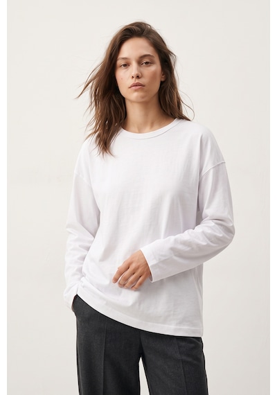 Elemge %100 Pamuk Süprem Oversize Kadın Uzun Kollu T-shirt Compact Penye Tok Yumuşak Kumaş Bol Kesim Nefes Alan Terletmez Yapı Basic Beyaz Tişört