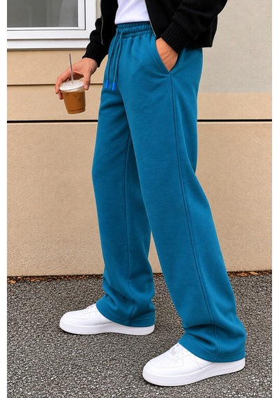 Tarz Cool Erkek Oversize Baggy Fit Eşofman Altı %100 Pamuk 3 İplik Şardonlu Bol Paça Rahat Kesim Petrol