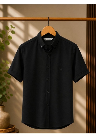 Classics Men Cafes Likralı Kısa Kol Slim Fit Erkek Gömlek - 7735 Siyah