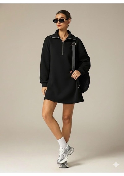Afri 3 İplik Şardonlu Siyah Oversize Fermuarlı Tunik Sweatshirt - Günlük Spor Elbise Siyah
