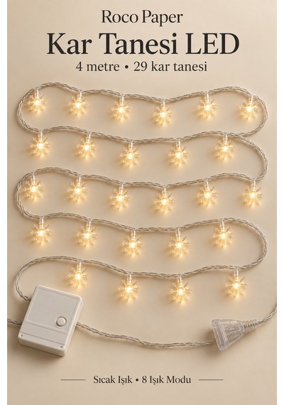 Yılbaşı Kar Tanesi Led Işık 29 Adet , 4 Metre - 8 Fonksiyonlu, Yeniyıl Ağacı Süsü, Şeffaf Kablolu
