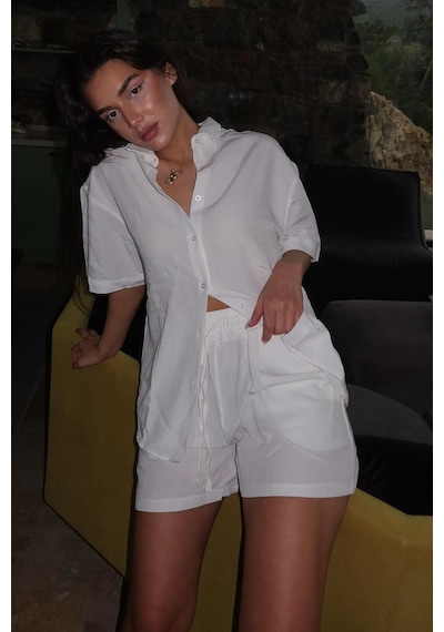 Madmext Beyaz Basic Kadın Şort Gömlek Takım Mg2361