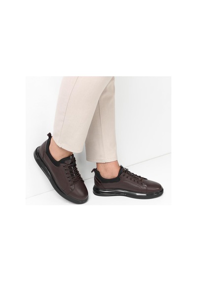 Erkek Kahverengi Bağcıklı Kalın Tabanlı Deri Sneaker