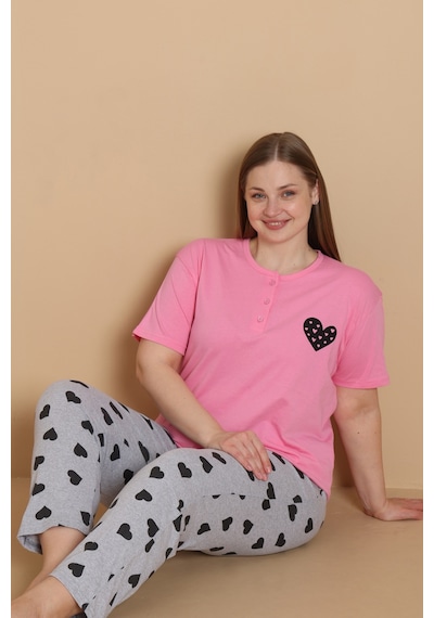 Wordex Mirano 4515 Kalpli Kısa Kollu Pamuklu Penye Büyük Beden Kadın Pijama Takımı Fuşya