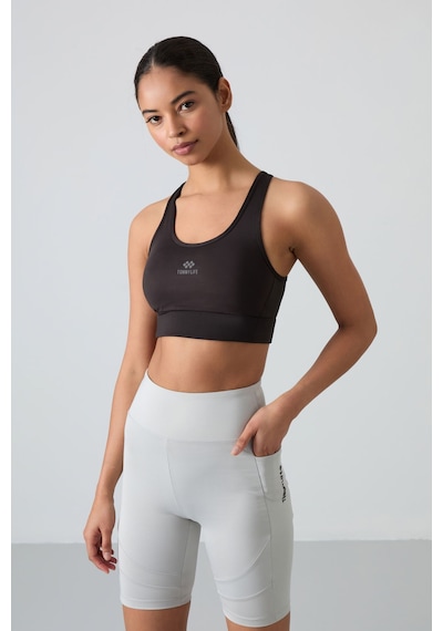 Tommy Life Siyah Çapraz Sırt Detaylı Slim Fit U Yaka Pedli Kadın Spor Büstiyer - 97121 Siyah