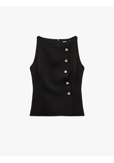 Koton Hafif Peplum Kesim Bisiklet Yaka Kalpli Düğme Detaylı Yelek Siyah 6sak60190pw Siyah