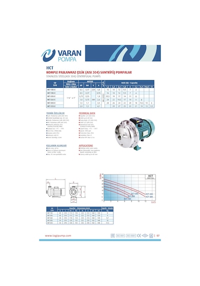 Varan Hct 20s-e Tek Kademe Paslanmaz Santrifüj Pompa 0.75 Hp / 0.55 Kw, Trifaze 380 V Aısı 304
