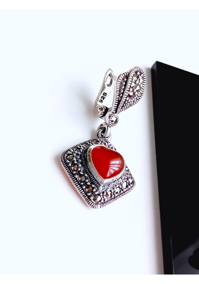 Gümüş Kırmızı Akik Markazit Taşlı Kare Otantik Tasarım Kadın Küpe