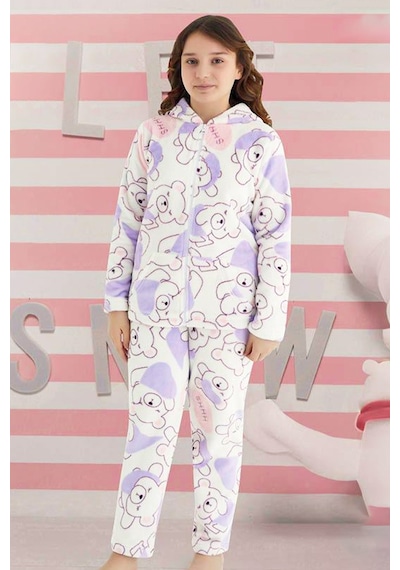Kız Çocuk Kadife Polar Ayıcık Desen Pijama Takımı 240525 Ekru02 Ekru02