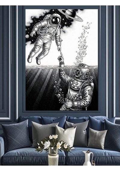 Su Altında El Ele Astronotlar Dekoratif Kanvas - Mdf Ahşap Tablo