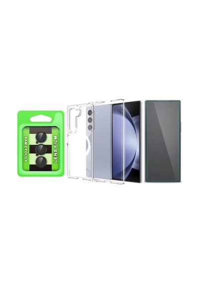 Vendas Galaxy Uyumlu Z Fold 6 Kılıf M-safe Şarj Özellikli Şeffaf Sert Pc Zore Embos Kapak + Kamera Lens + Nano Ekran Koruyucu Şeffaf