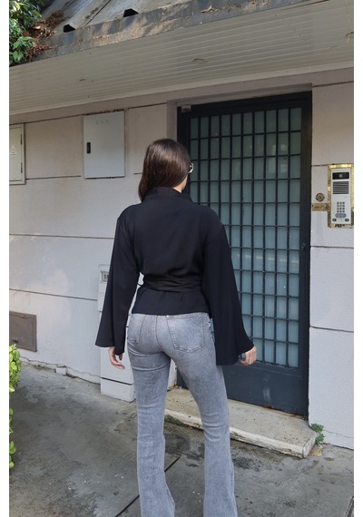 Kechi Woman Krep Kumaş Kruvaze Kemerli Kimono Bluz Siyah