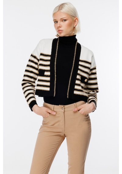 On Kadın Crop Hırka - Minimalist Çizgili Uzun Kol - Günlük Şıklık Ekru