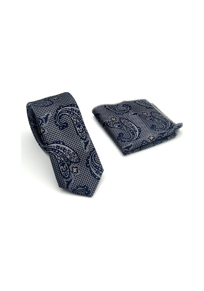 Gaffy Gri Şal Desenli Lacivert Dokuma Kumaş Mendilli Slim Fit Kravat // Sdk-2606-3 Gri