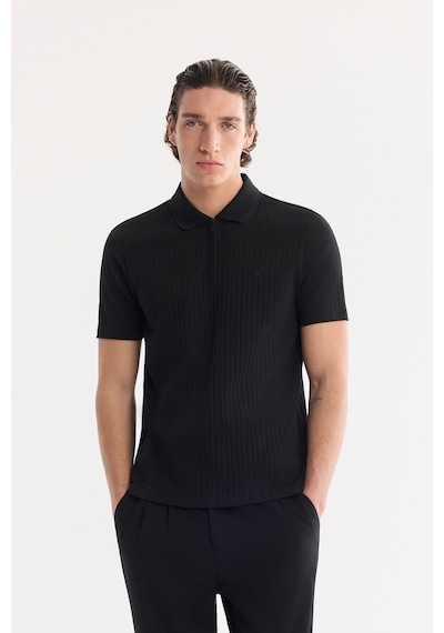 Avva Erkek Siyah Kıvrılmaz Polo Yaka Fermuarlı %100 Pamuk Regular Fit T-shirt A61y1038